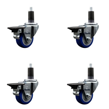 Service Caster 3'' Blue Poly Swivel 1-1/4'' Expanding Stem Caster Set with Brake, 4PK SCC-EX20S314-PPUB-BLUE-PLB-114-4